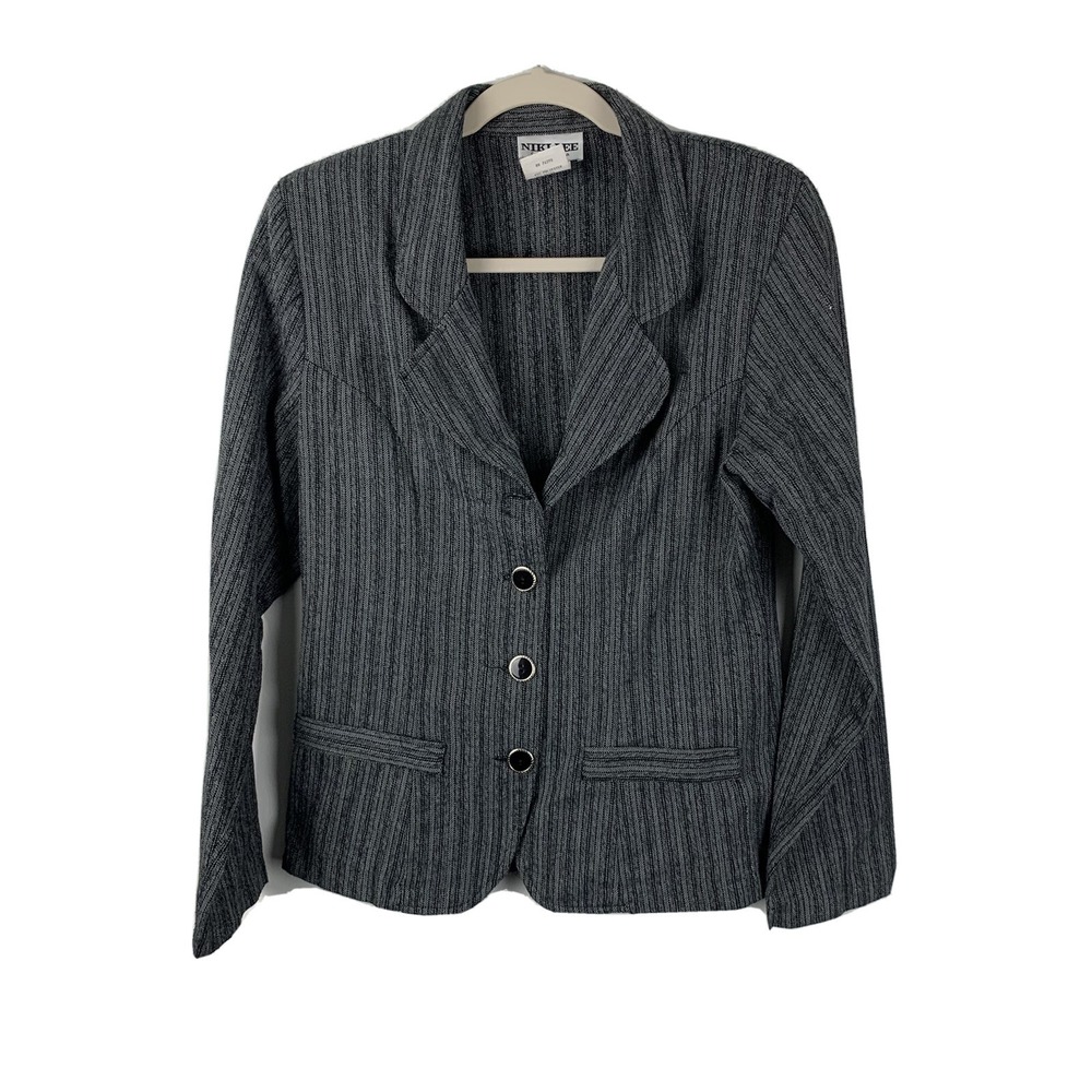 Vintage Blazer Women's Medium Black Gray Pinstriped Fall‎ Fashion Vtg 90s Y2k